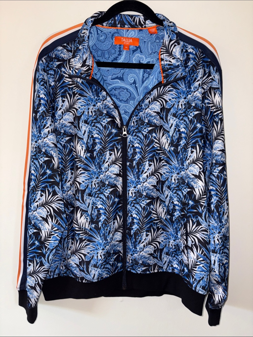 TALLIA Blue & White Tropical-Print Bomber Jacket with Orange Trim- XL